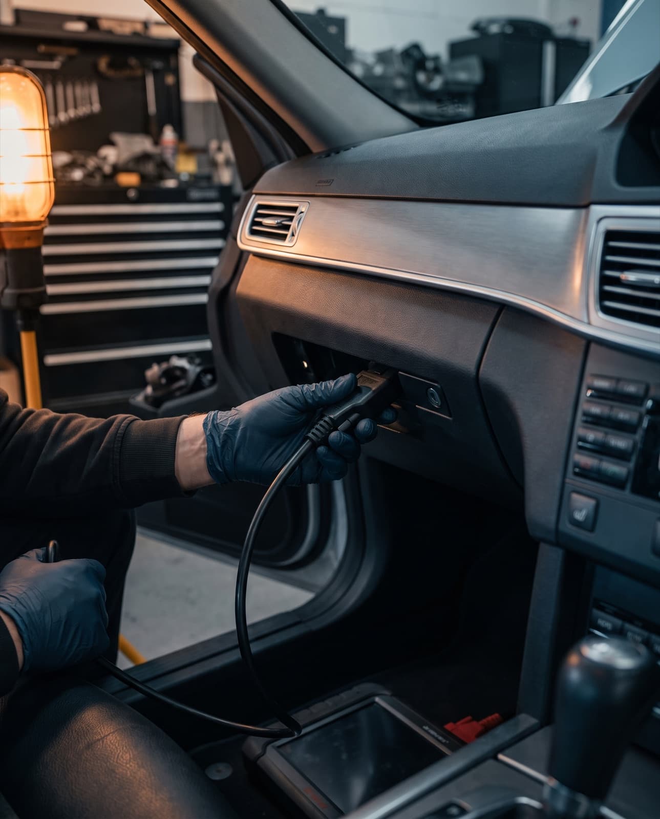 A technician connecting a factory diagnostic tool under the dash